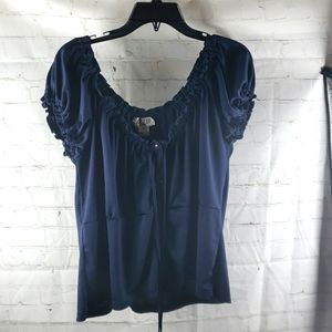 Navy Peasant Blouse with Tie Neck -